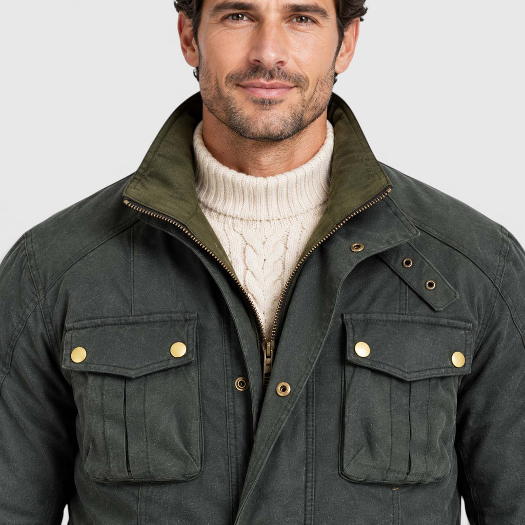 Men's Premium Waxed Cotton Motorcycle Jacket | Stylish Waterproof Biker Coat