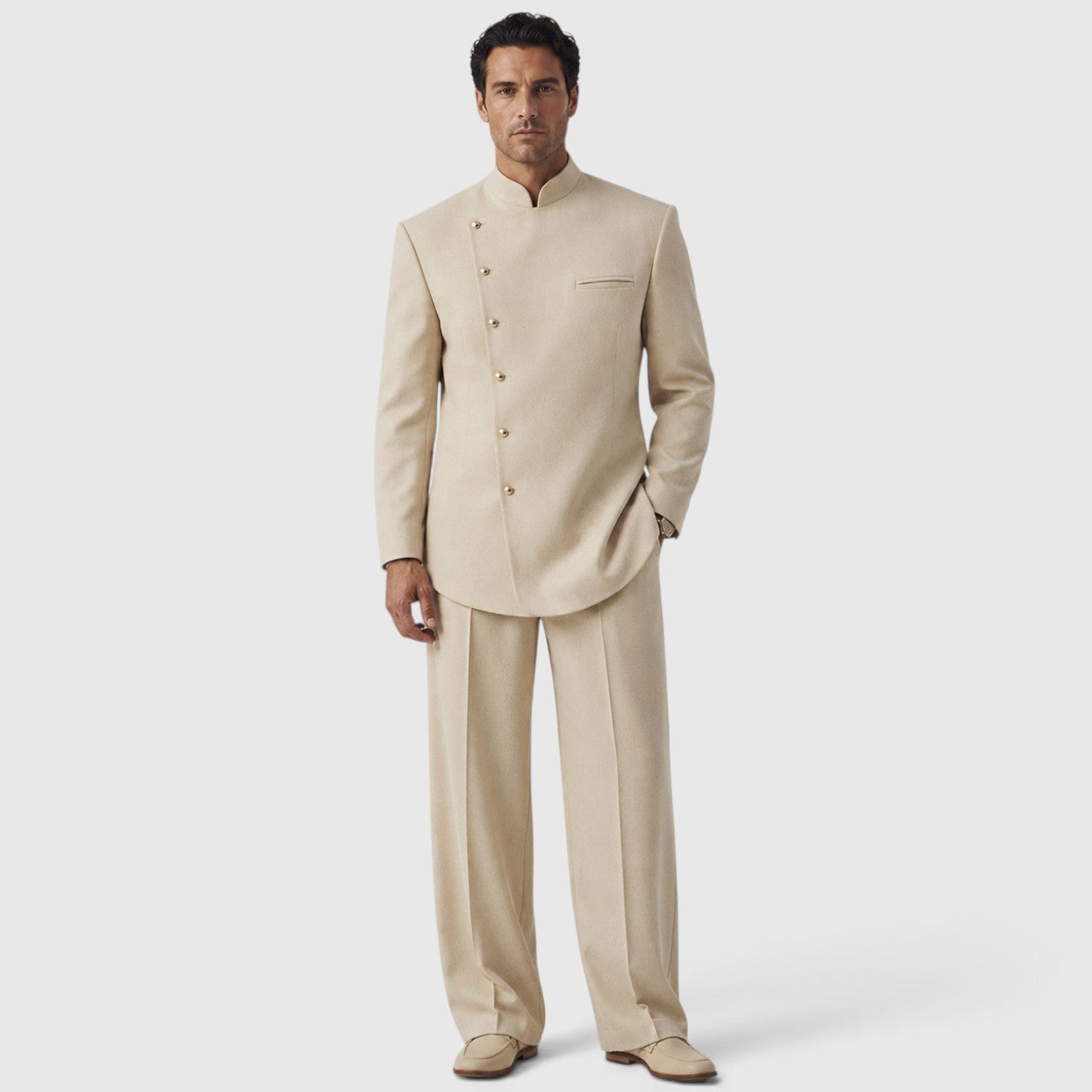 Monvaline | Men’s Asymmetric Mandarin Collar Jacket & Trousers Set