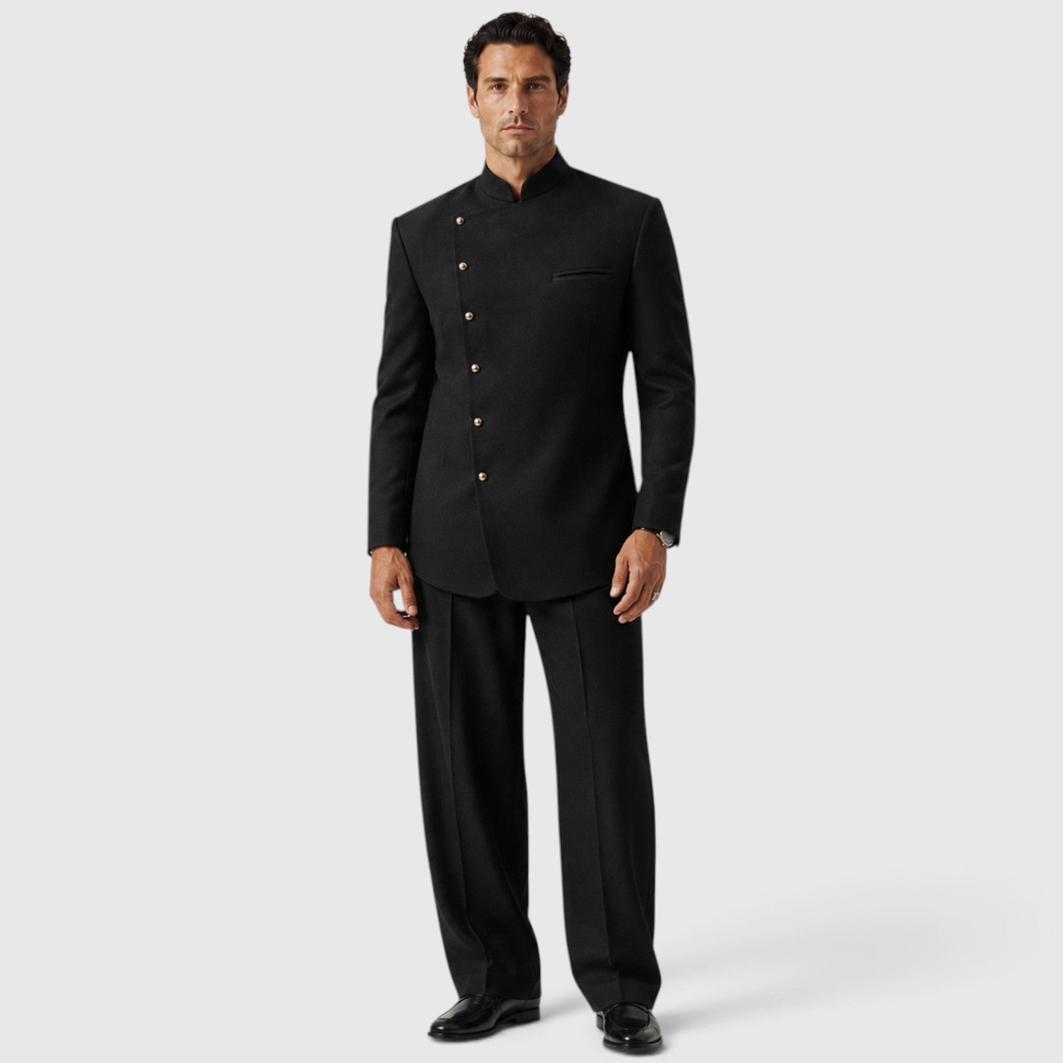 Monvaline | Men’s Asymmetric Mandarin Collar Jacket & Trousers Set