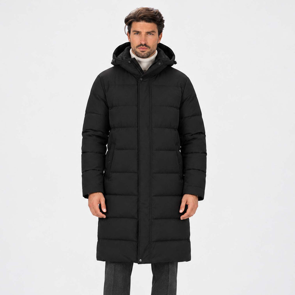 Monvaline | Men’s Black Long Puffer Coat with Hood Warm Winter Parka