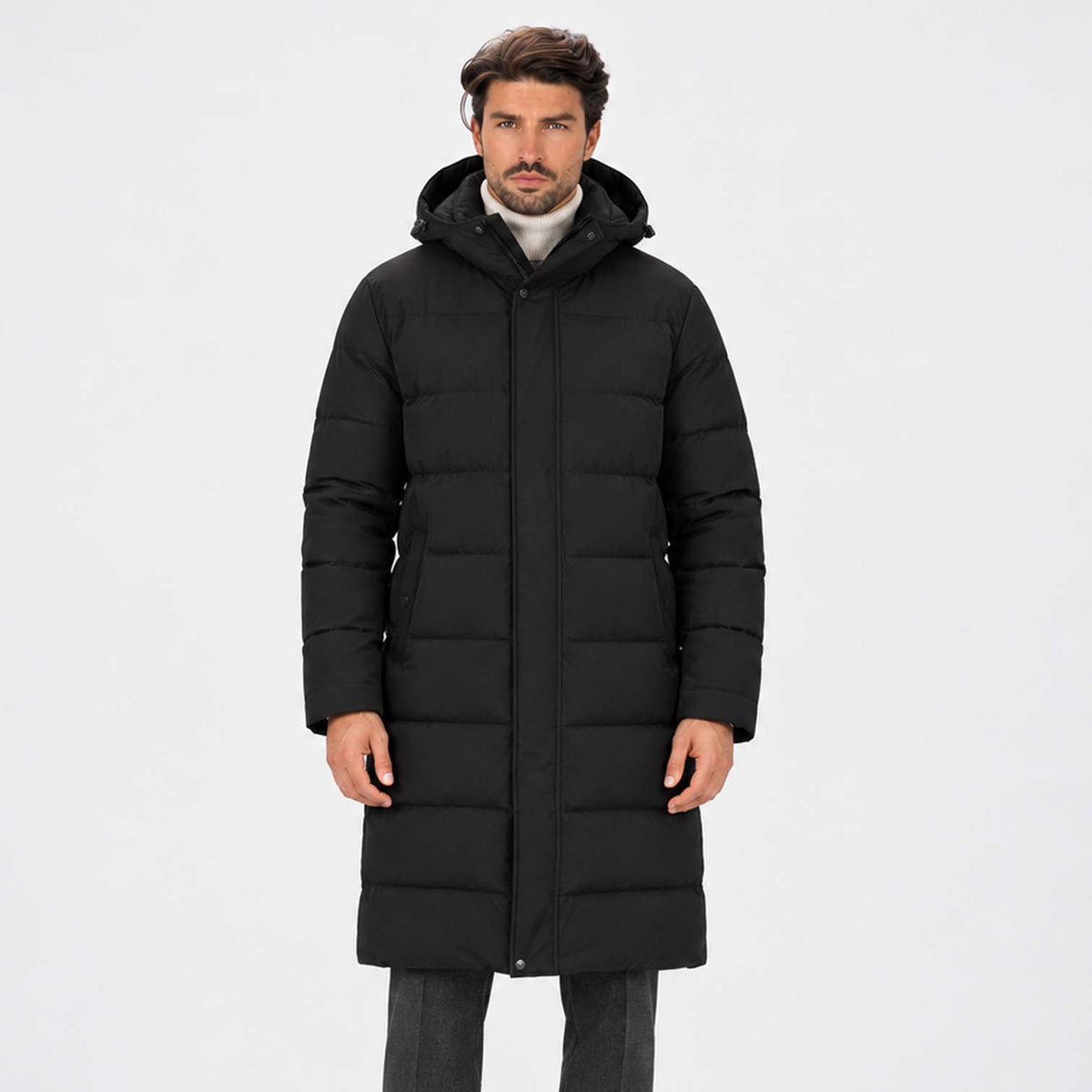 Monvaline | Men’s Black Long Puffer Coat with Hood Warm Winter Parka