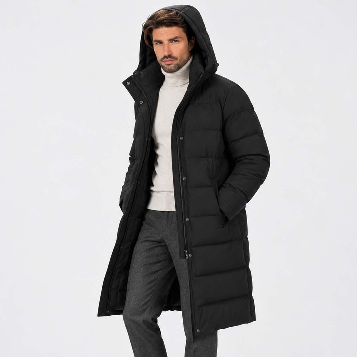 Monvaline | Men’s Black Long Puffer Coat with Hood Warm Winter Parka