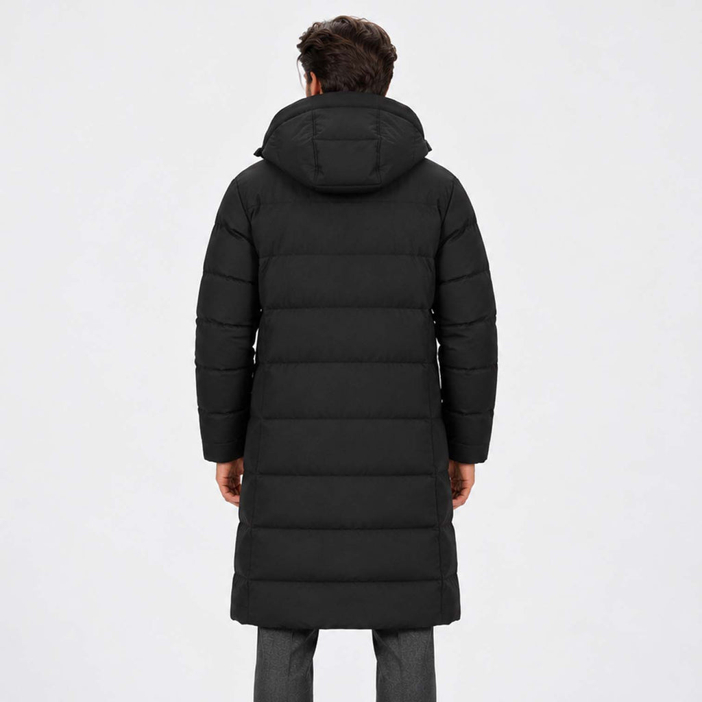 Monvaline | Men’s Black Long Puffer Coat with Hood Warm Winter Parka