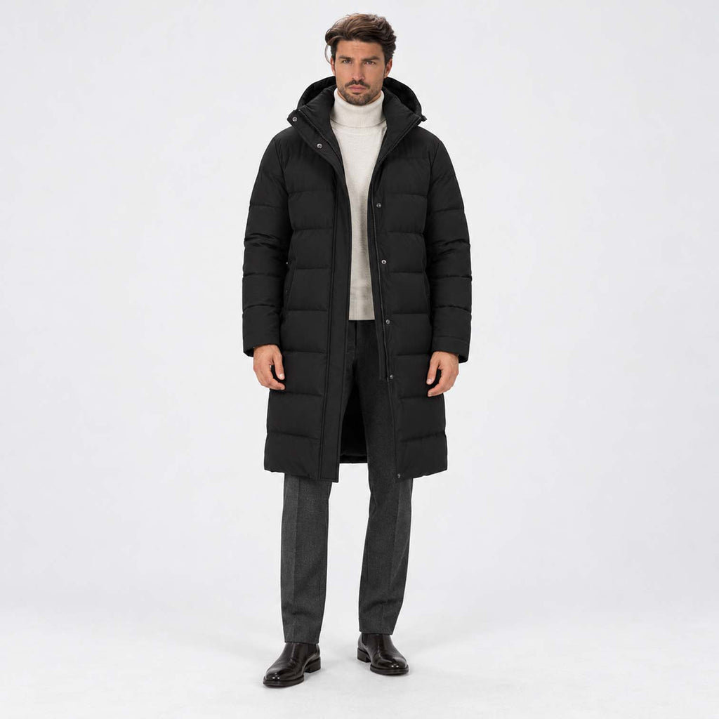 Monvaline | Men’s Black Long Puffer Coat with Hood Warm Winter Parka
