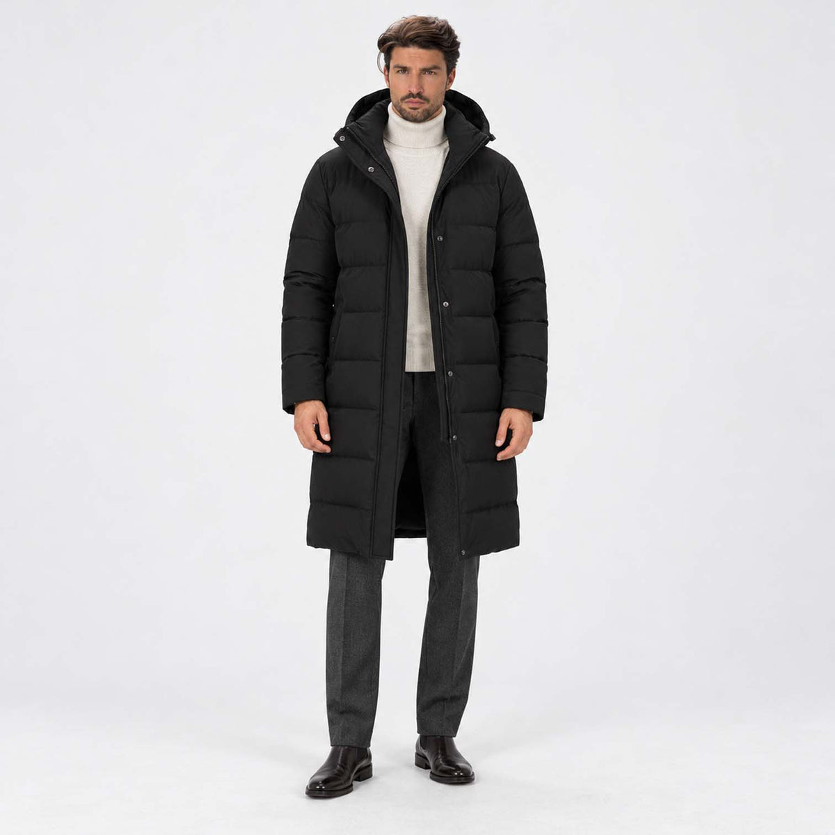 Monvaline | Men’s Black Long Puffer Coat with Hood Warm Winter Parka