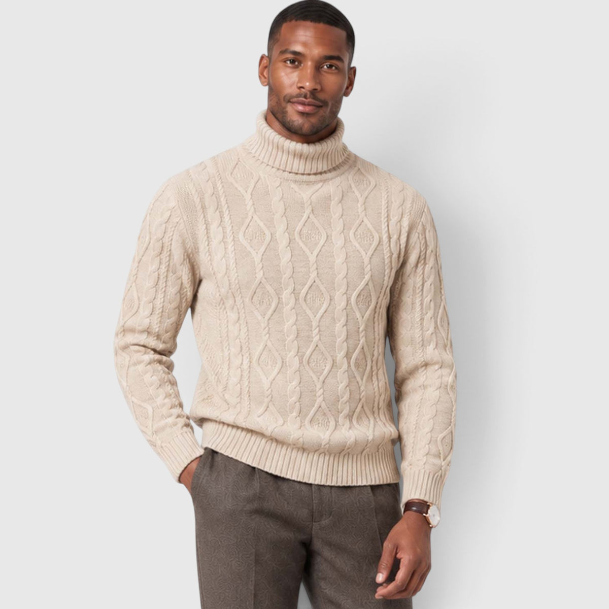 Monvaline | Men’s Cable Knit Turtleneck Jumper for Classic Casual Style