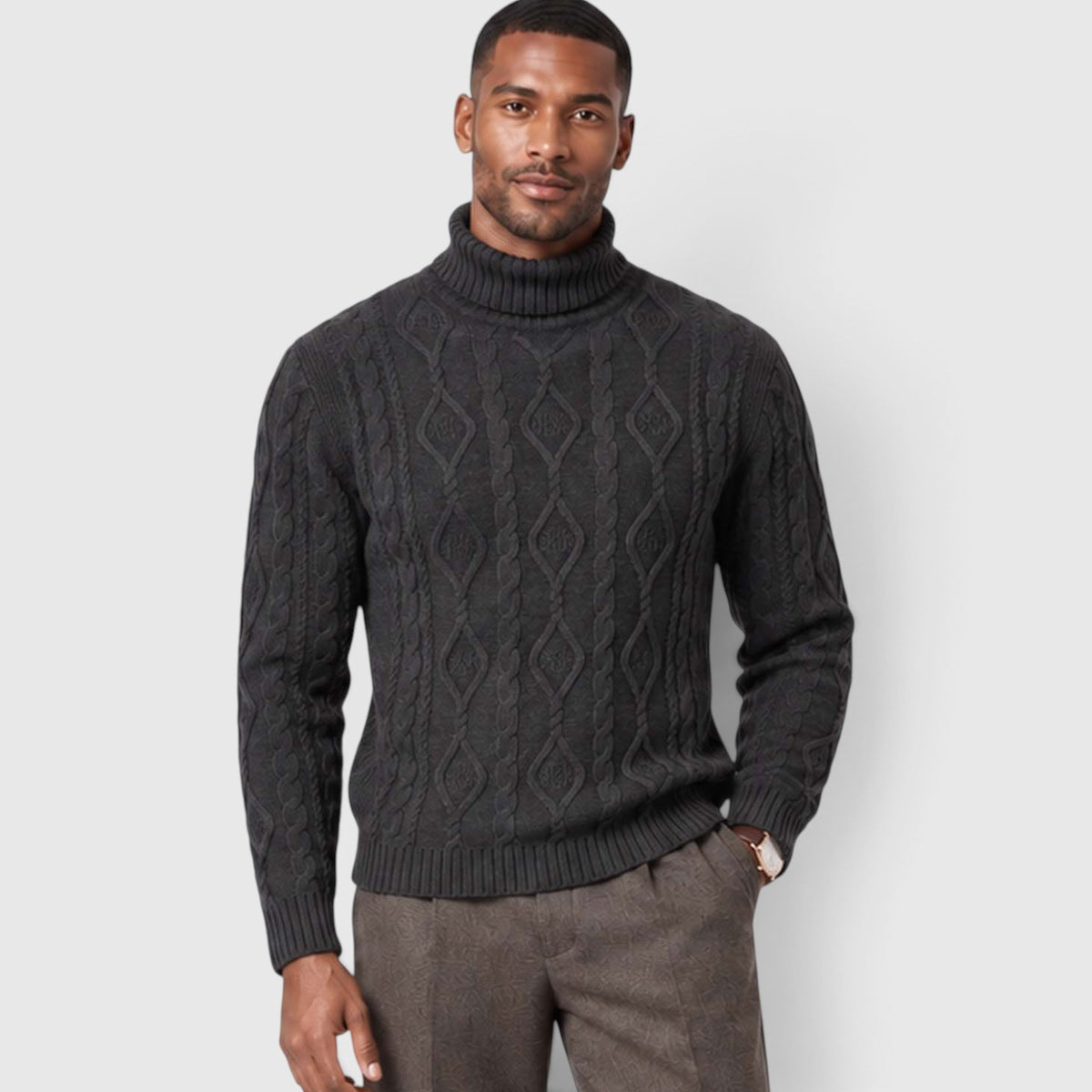 Monvaline | Men’s Cable Knit Turtleneck Jumper for Classic Casual Style