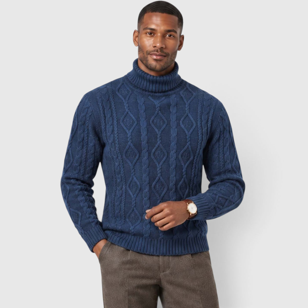Monvaline | Men’s Cable Knit Turtleneck Jumper for Classic Casual Style