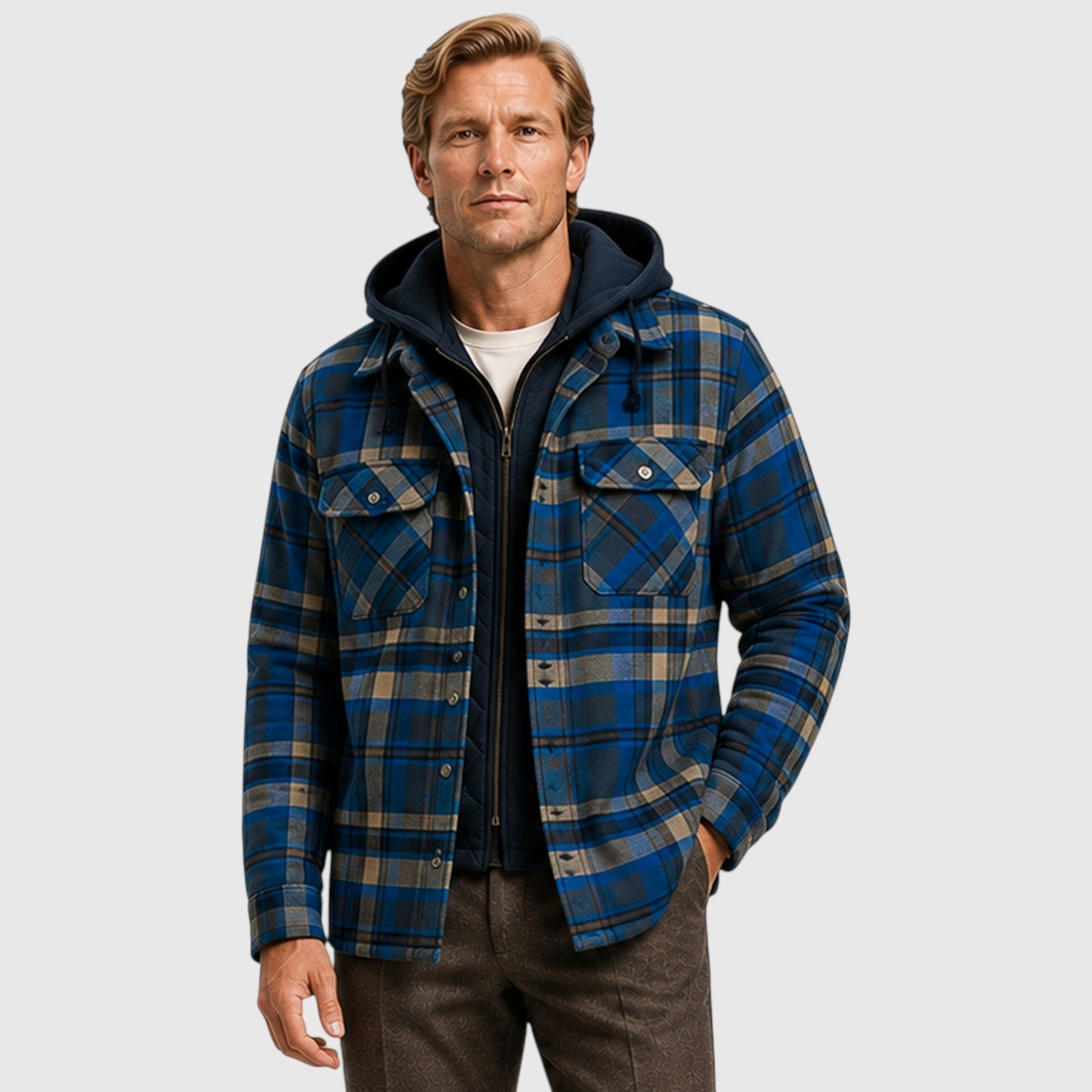 Monvaline | Men’s Checked Hooded Padded Jacket – Full-Zip Quilted