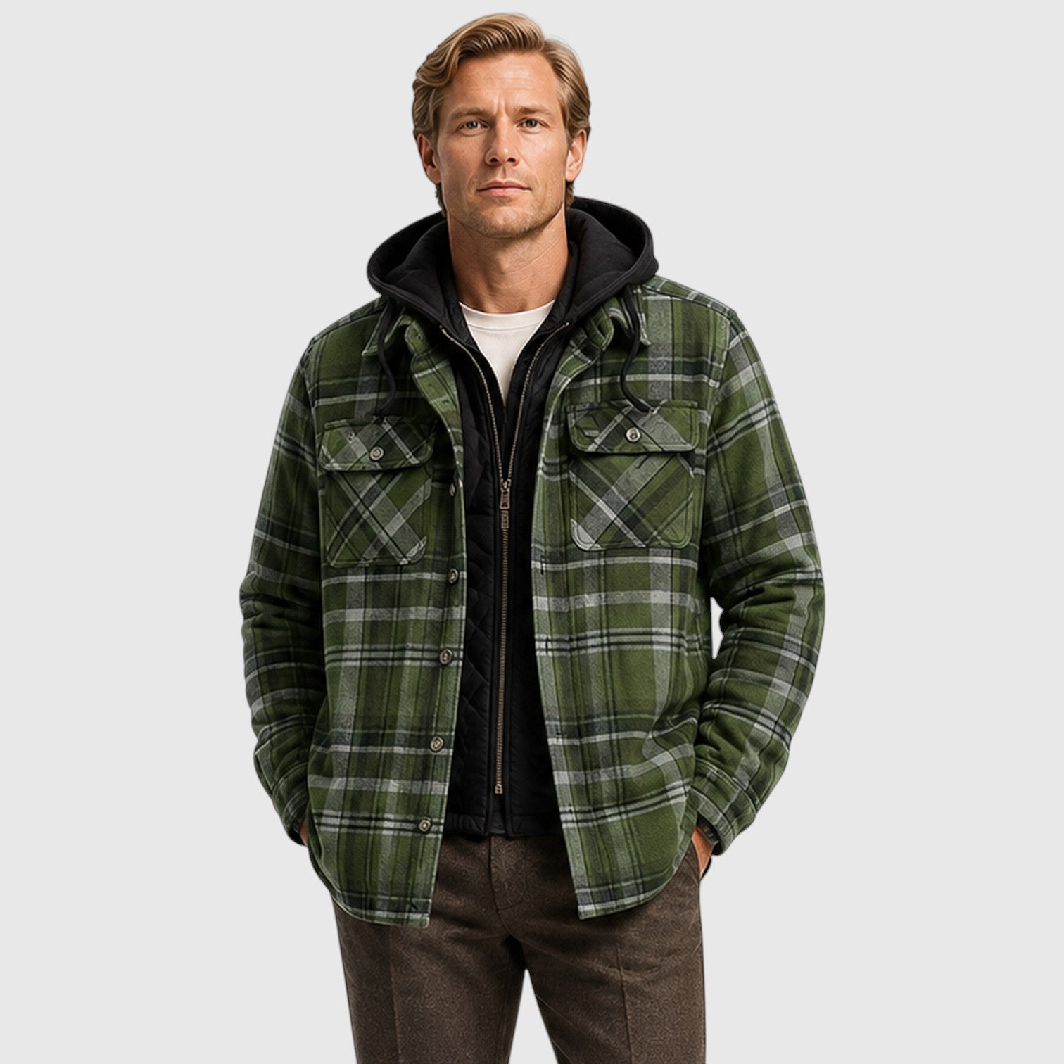 Monvaline | Men’s Checked Hooded Padded Jacket – Full-Zip Quilted