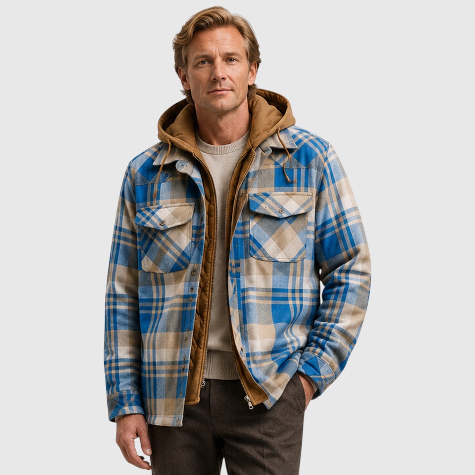 Monvaline | Men’s Checked Hooded Padded Jacket – Full-Zip Quilted