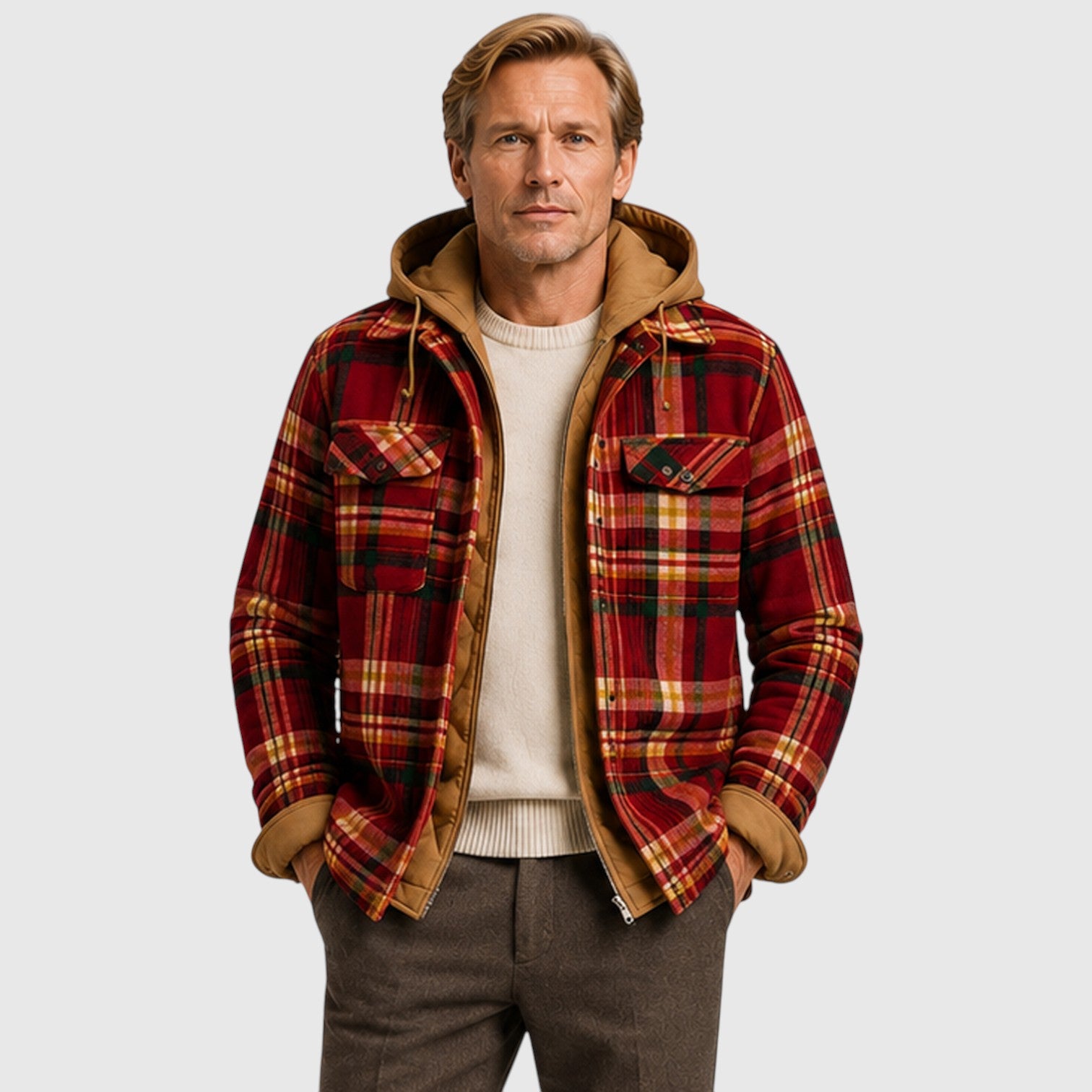 Monvaline | Men’s Checked Hooded Padded Jacket – Full-Zip Quilted