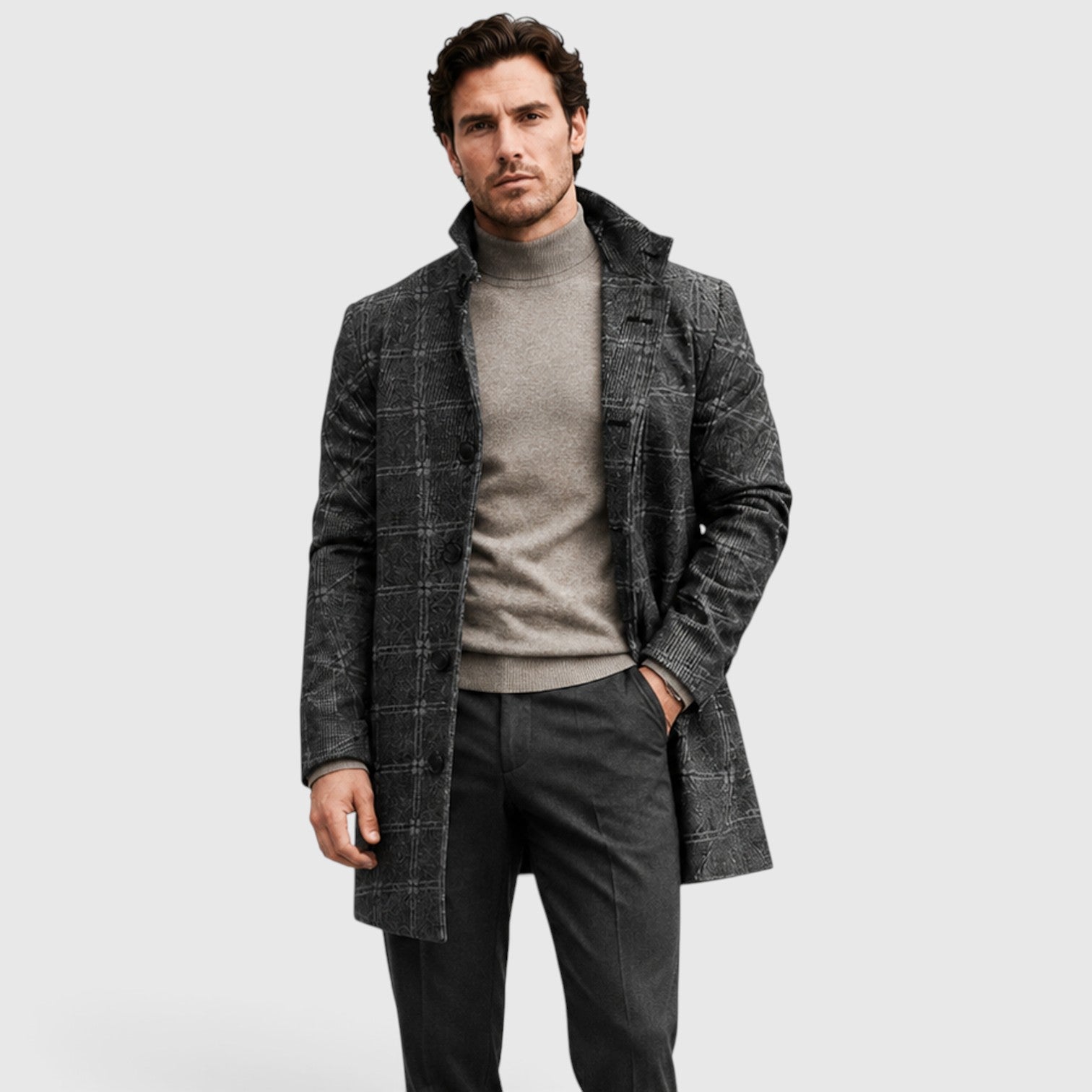 Monvaline | Men’s Checked Long Trench Coat – Tailored Fit