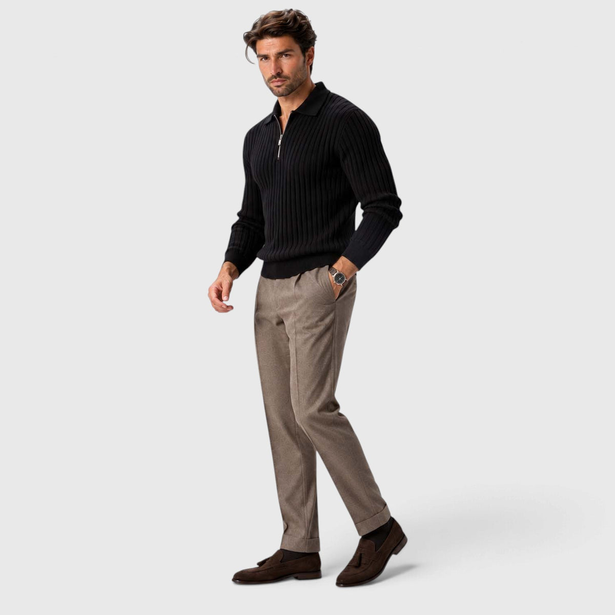 Monvaline | Men’s Cotton Blend Quarter Zip Ribbed Knit Polo