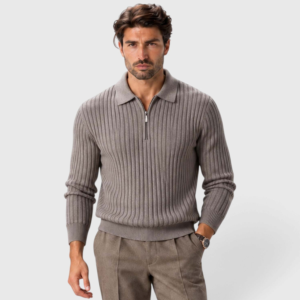 Monvaline | Men’s Cotton Blend Quarter Zip Ribbed Knit Polo