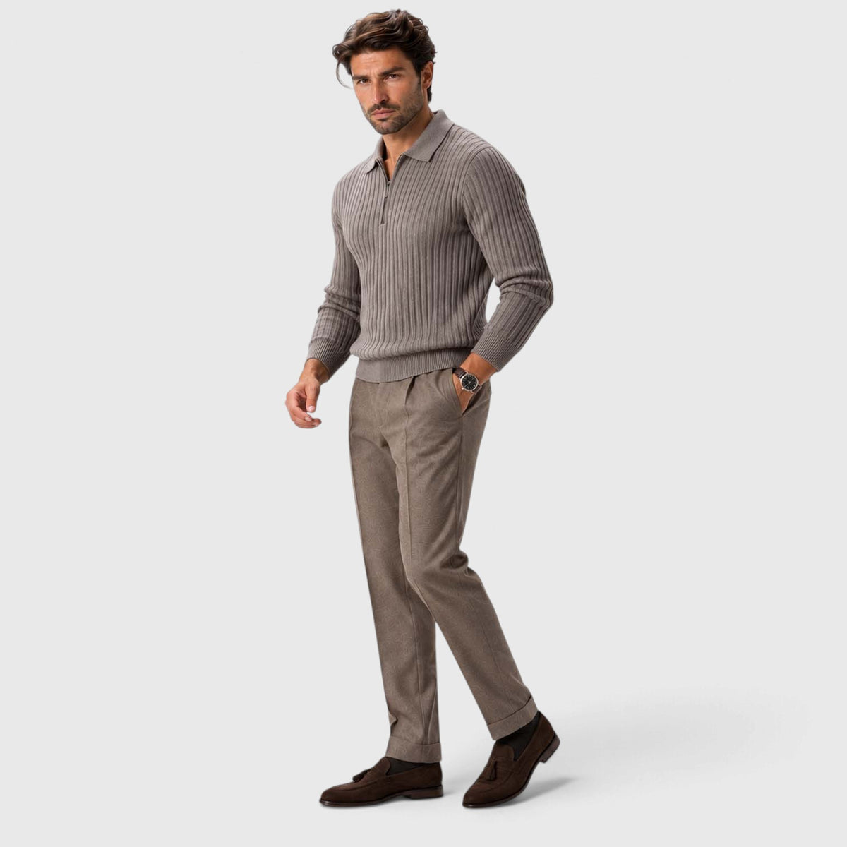 Monvaline | Men’s Cotton Blend Quarter Zip Ribbed Knit Polo