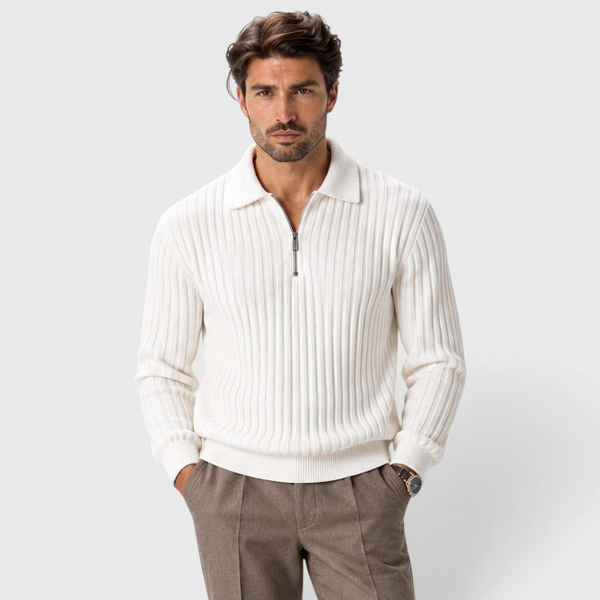 Monvaline | Men’s Cotton Blend Quarter Zip Ribbed Knit Polo