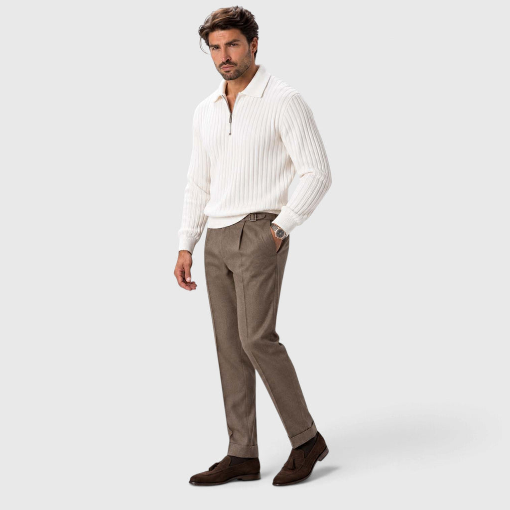 Monvaline | Men’s Cotton Blend Quarter Zip Ribbed Knit Polo