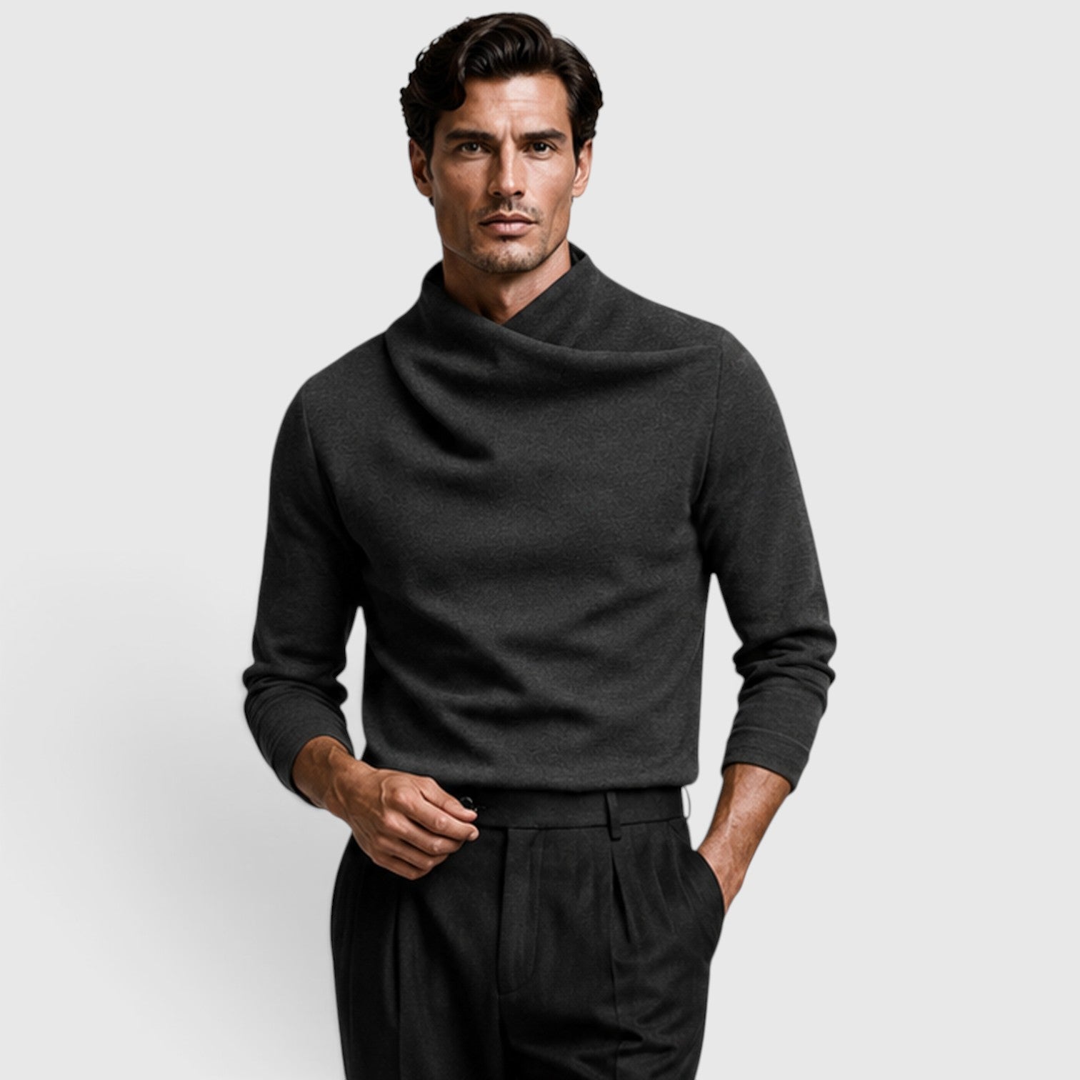 Monvaline | Men’s Crossover Mock Neck Knit Top – Long Sleeve