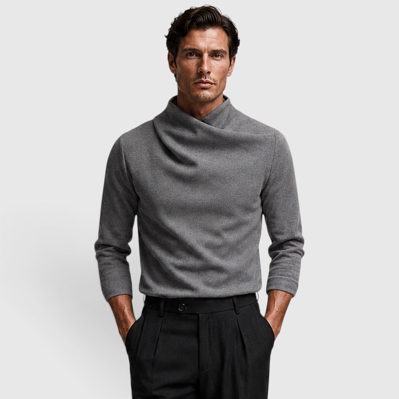 Monvaline | Men’s Crossover Mock Neck Knit Top – Long Sleeve