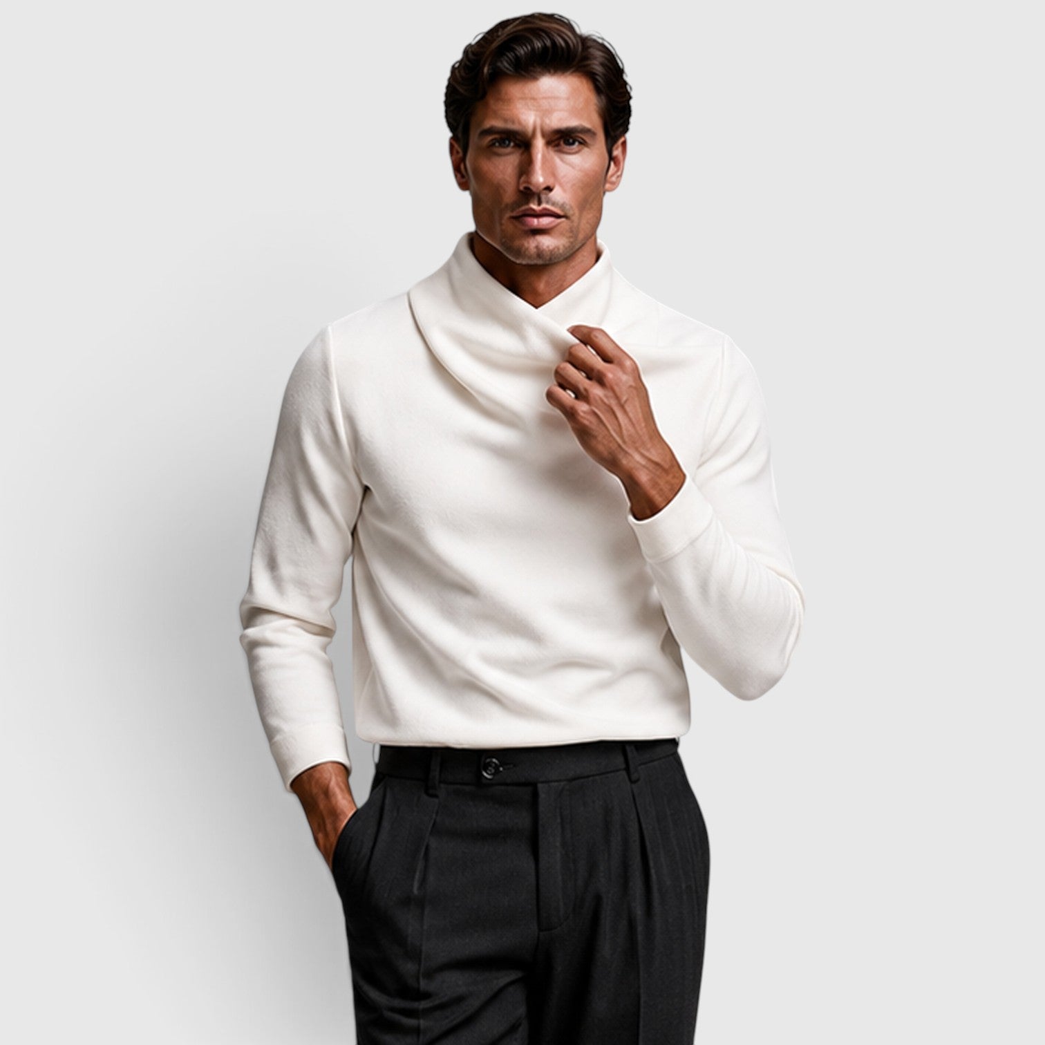 Monvaline | Men’s Crossover Mock Neck Knit Top – Long Sleeve