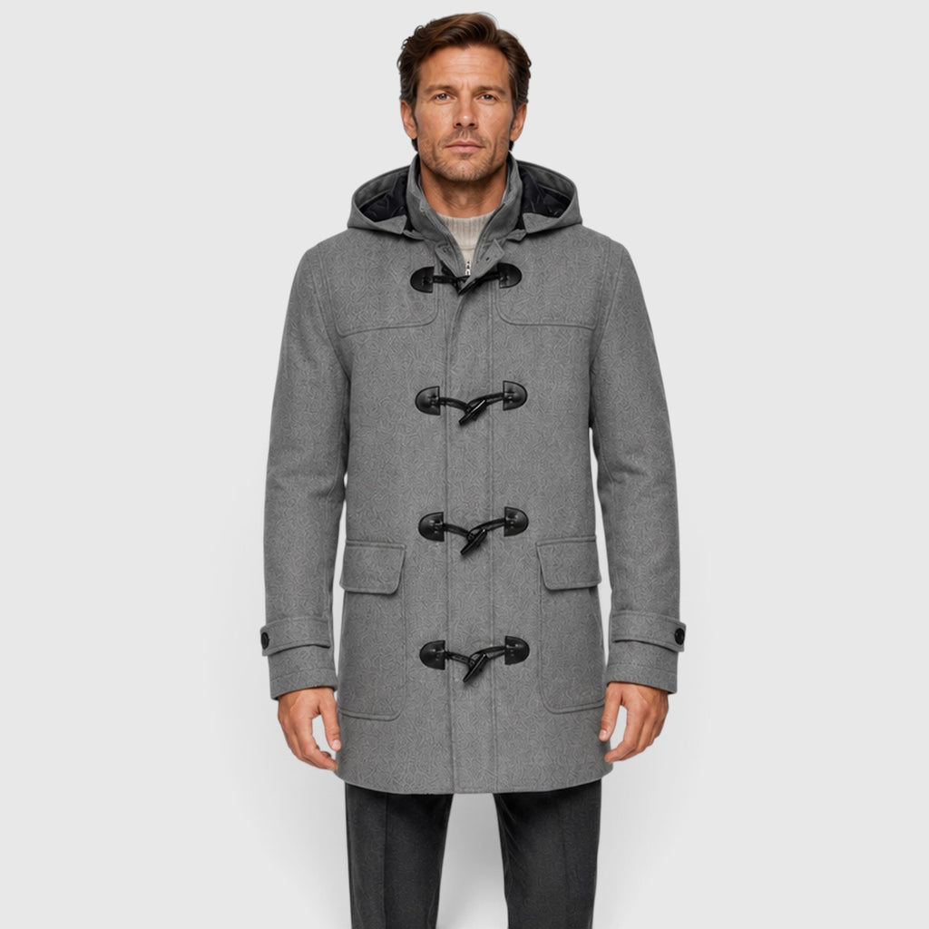 Monvaline | Men’s Grey Wool Duffle Coat with Hood for Cold Weather