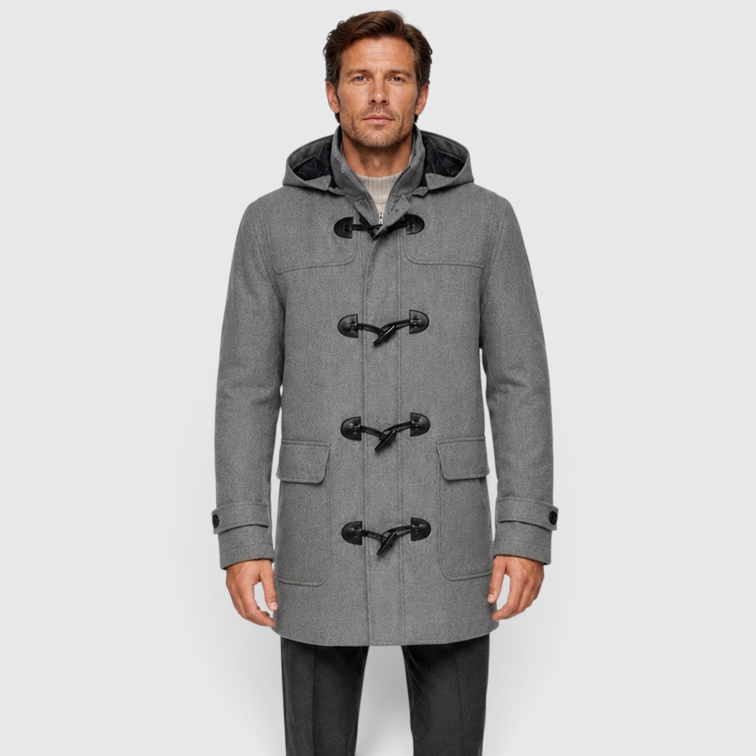 Monvaline | Men’s Grey Wool Duffle Coat with Hood for Cold Weather