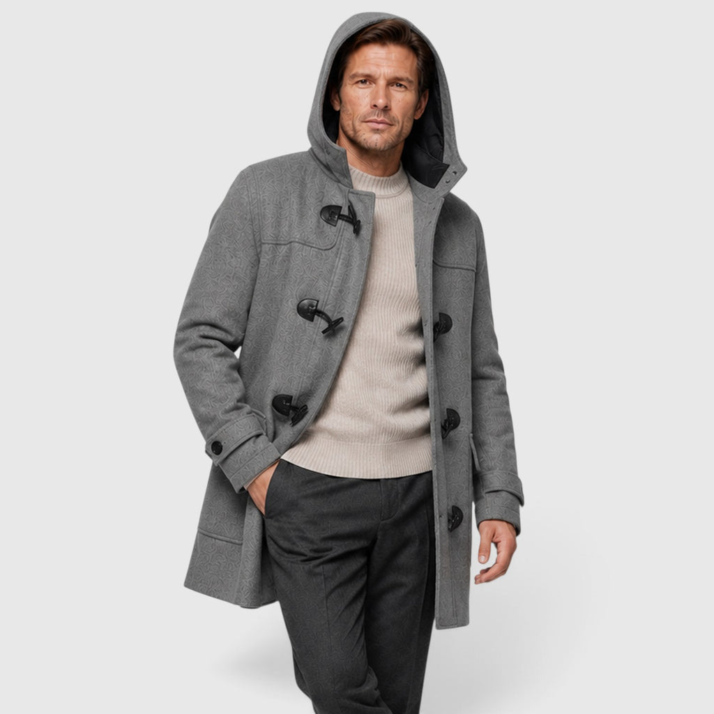 Monvaline | Men’s Grey Wool Duffle Coat with Hood for Cold Weather