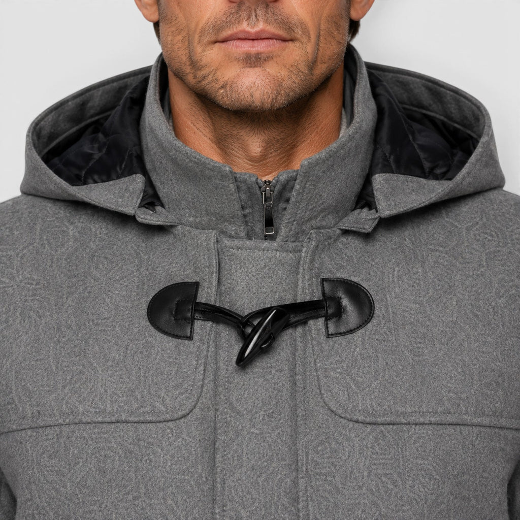 Monvaline | Men’s Grey Wool Duffle Coat with Hood for Cold Weather