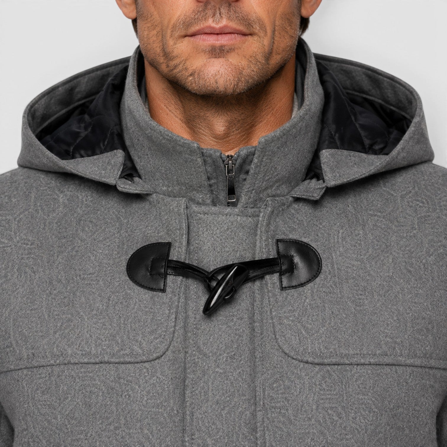 Monvaline | Men’s Grey Wool Duffle Coat with Hood for Cold Weather