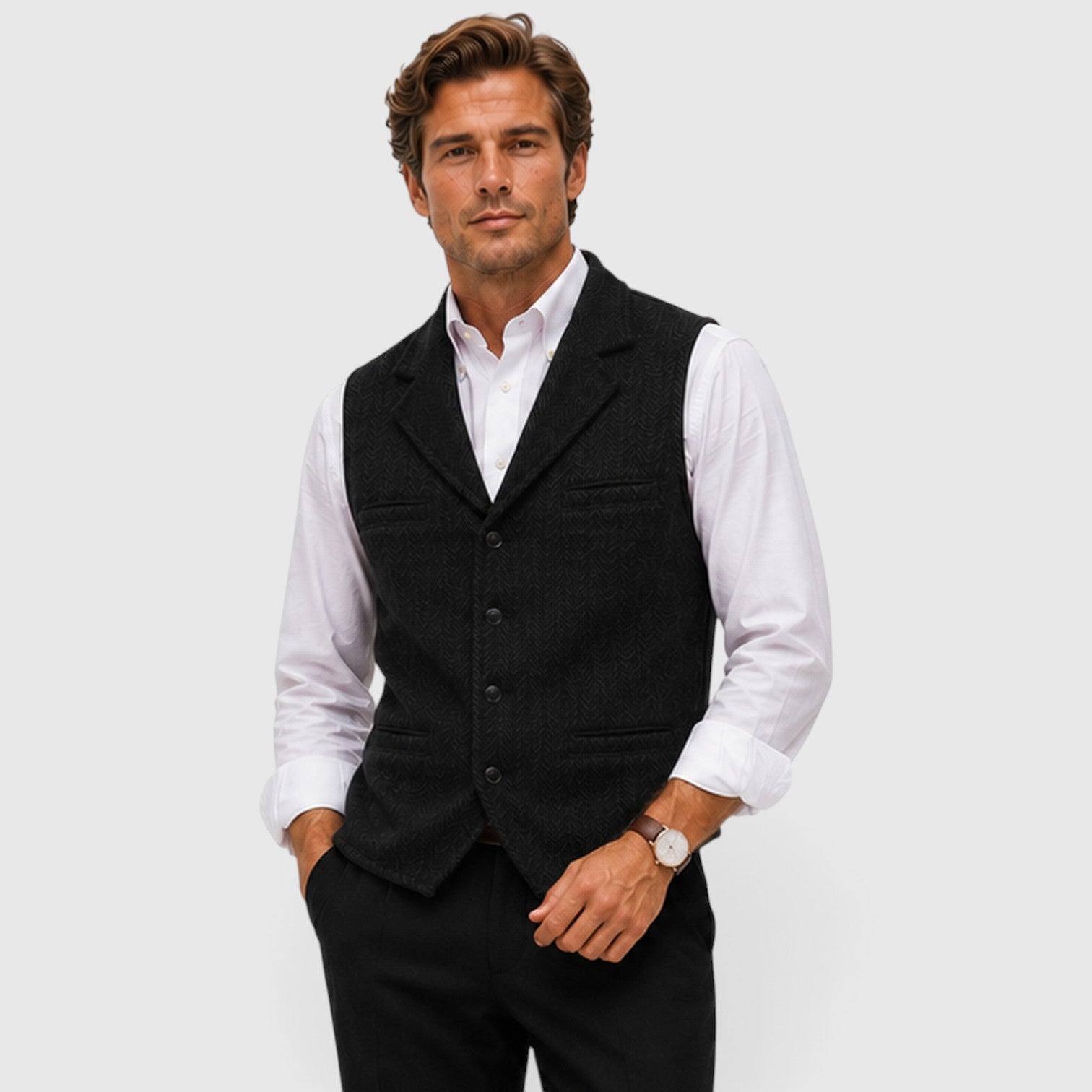 Monvaline | Men’s Herringbone Waistcoat – Tailored Lapel Vest
