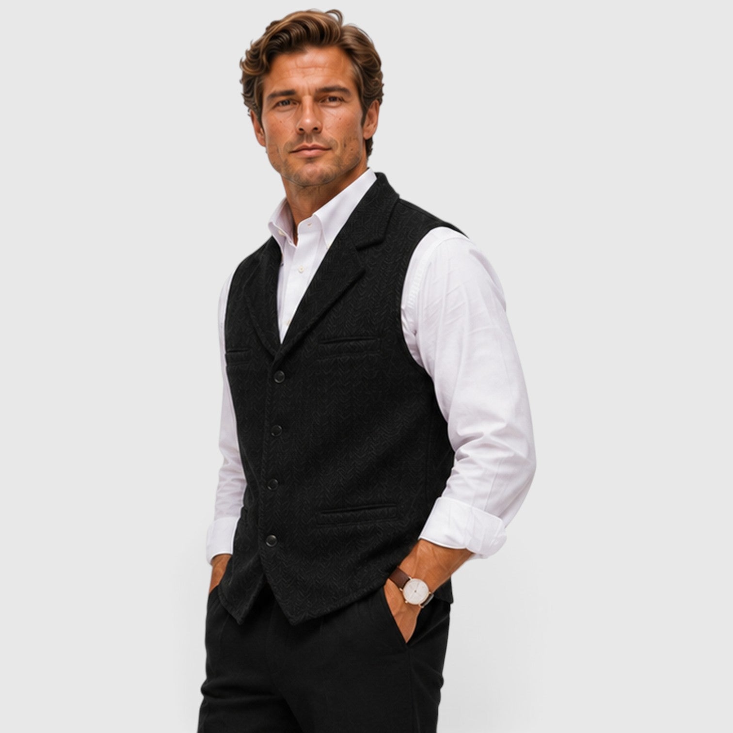 Monvaline | Men’s Herringbone Waistcoat – Tailored Lapel Vest
