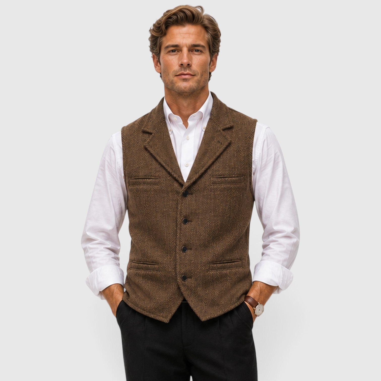 Monvaline | Men’s Herringbone Waistcoat – Tailored Lapel Vest