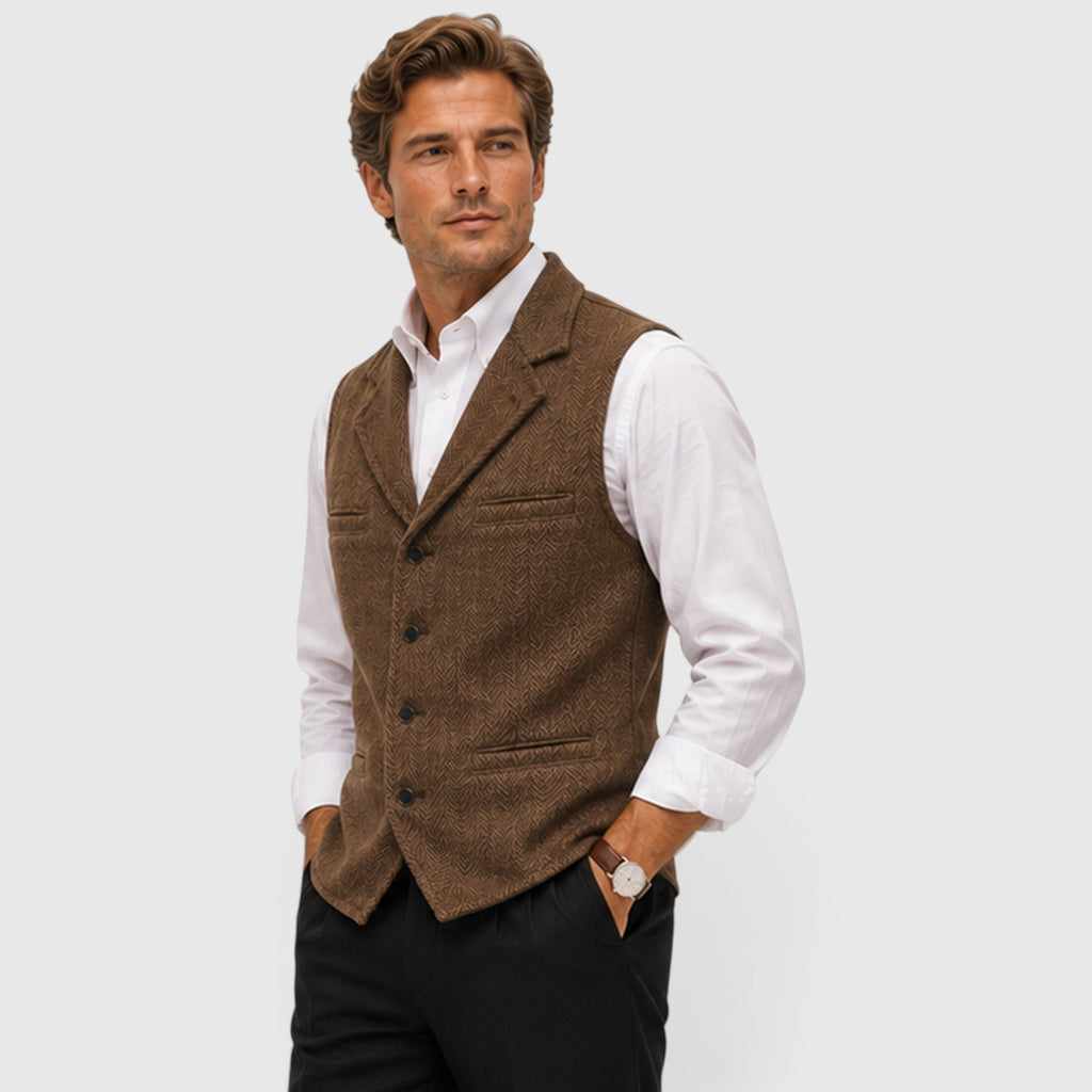 Monvaline | Men’s Herringbone Waistcoat – Tailored Lapel Vest