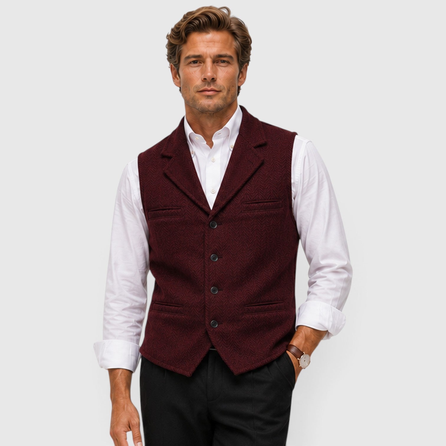 Monvaline | Men’s Herringbone Waistcoat – Tailored Lapel Vest