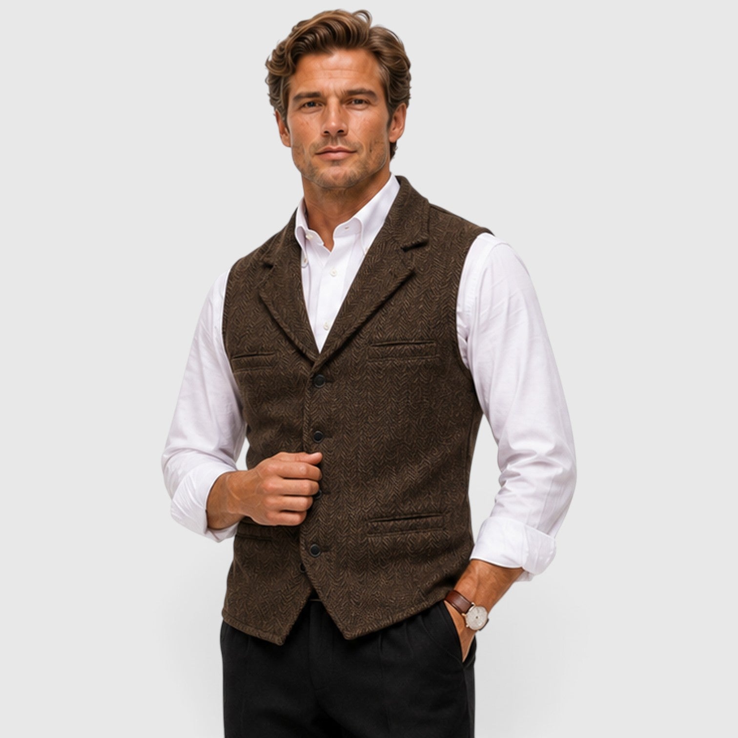 Monvaline | Men’s Herringbone Waistcoat – Tailored Lapel Vest