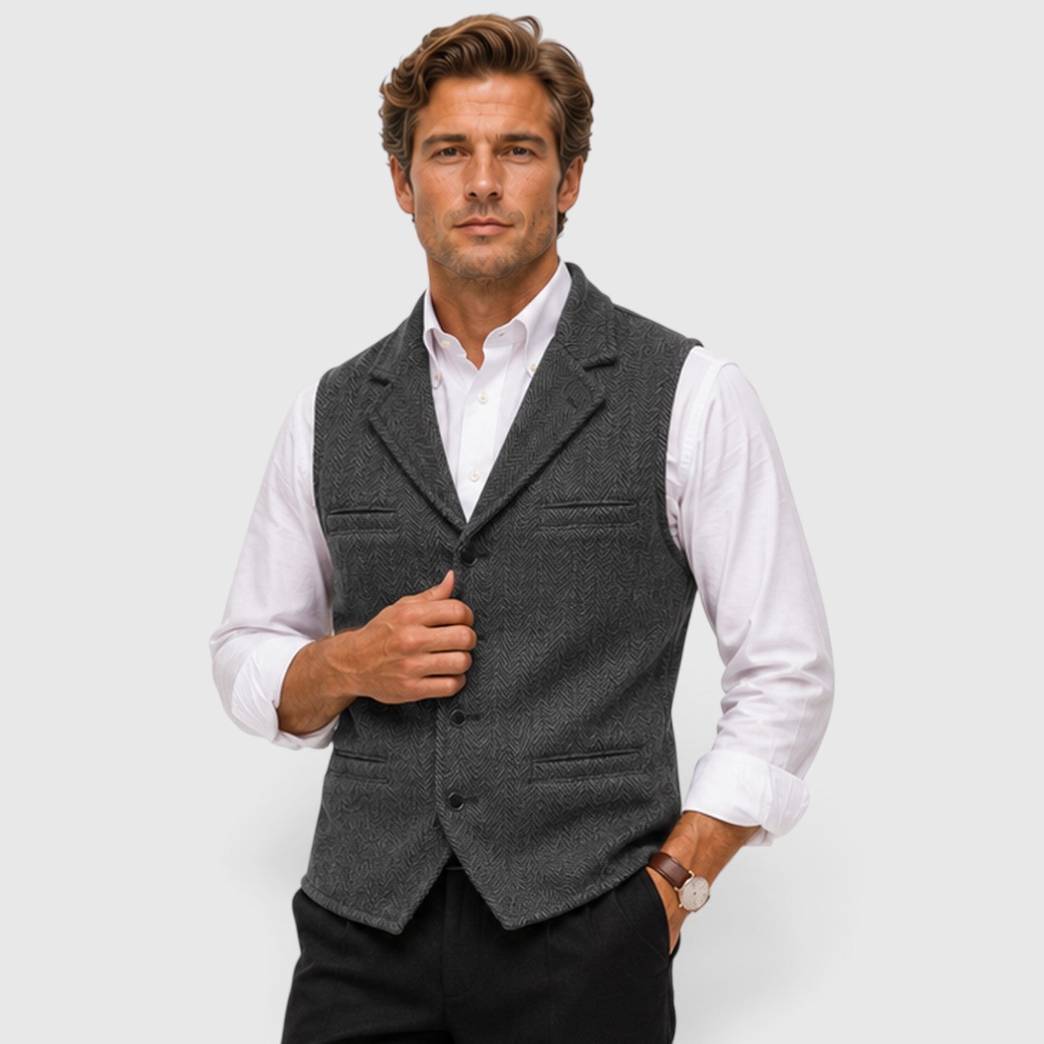 Monvaline | Men’s Herringbone Waistcoat – Tailored Lapel Vest