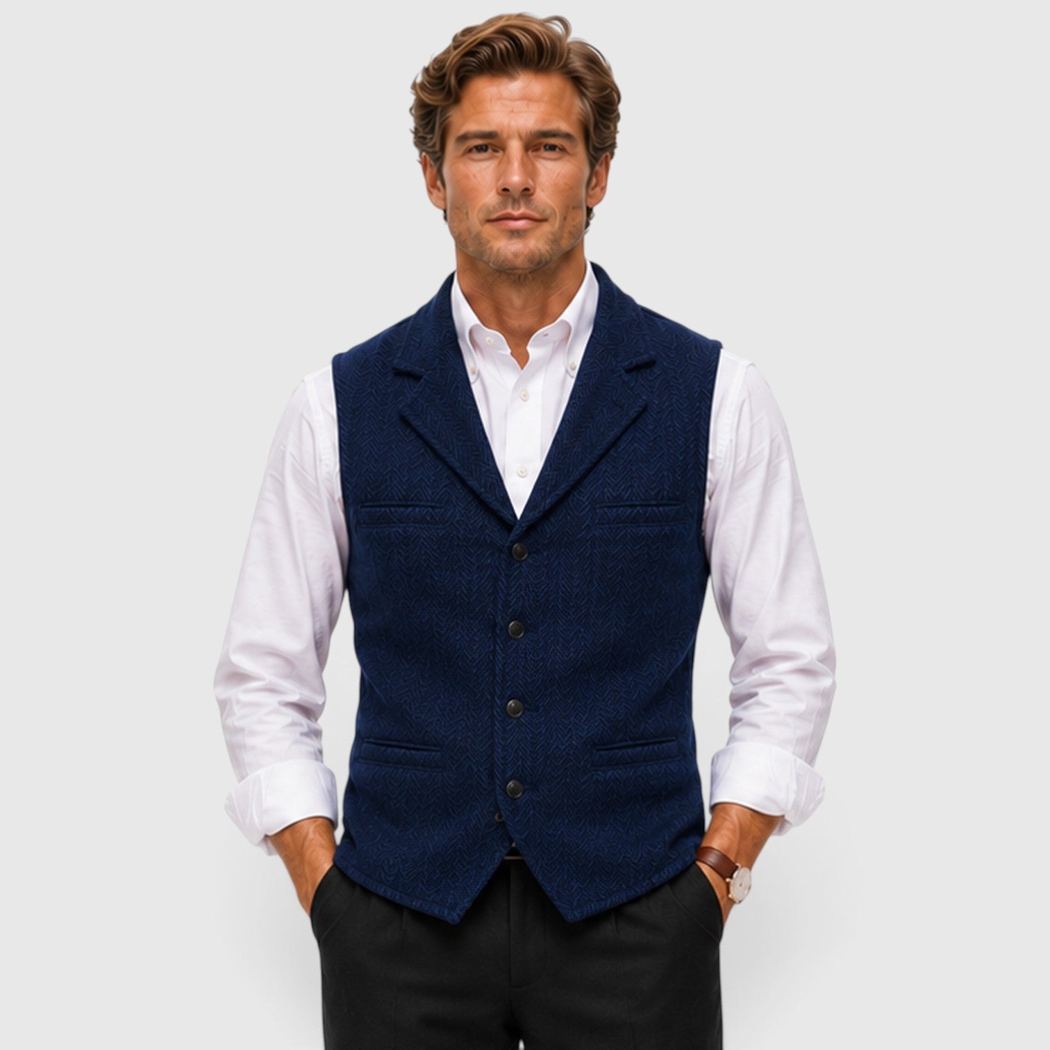 Monvaline | Men’s Herringbone Waistcoat – Tailored Lapel Vest