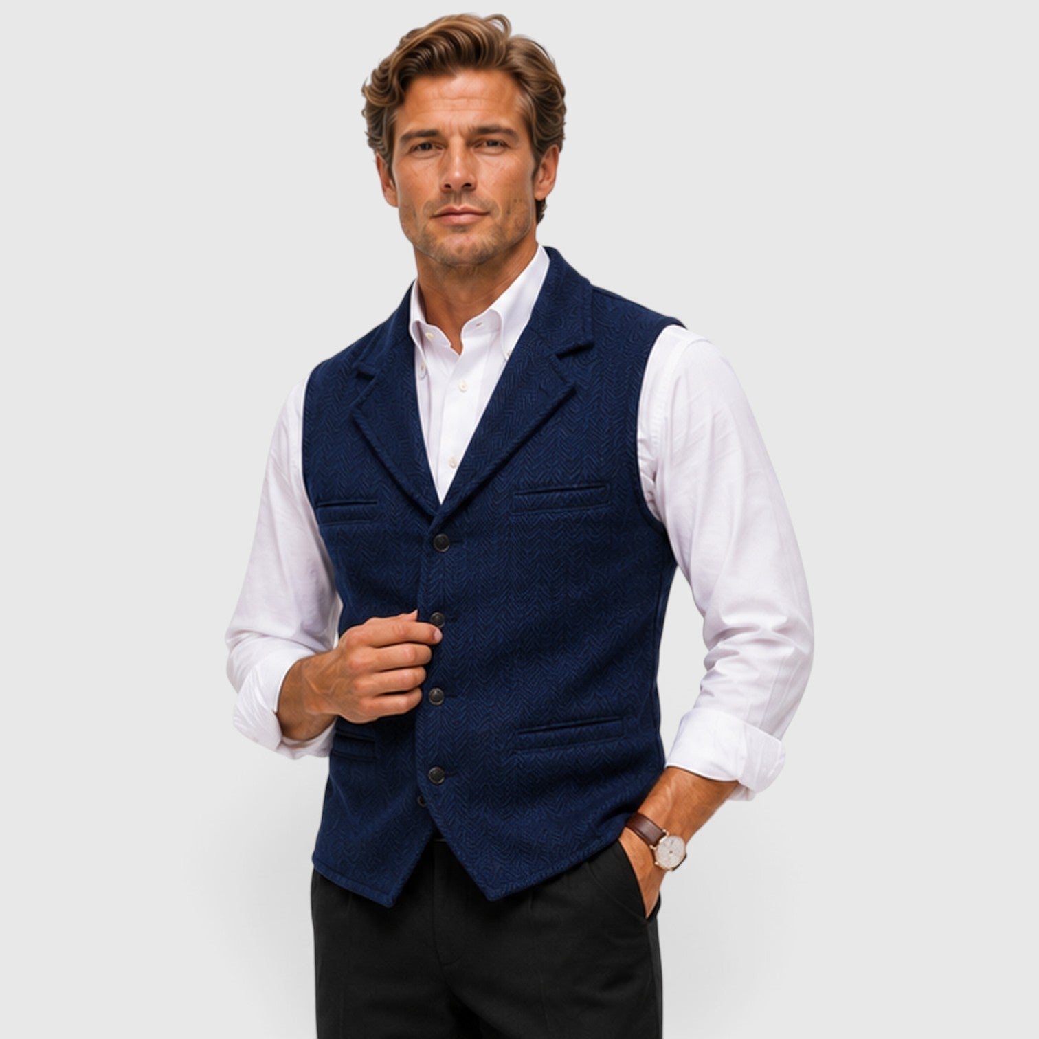 Monvaline | Men’s Herringbone Waistcoat – Tailored Lapel Vest