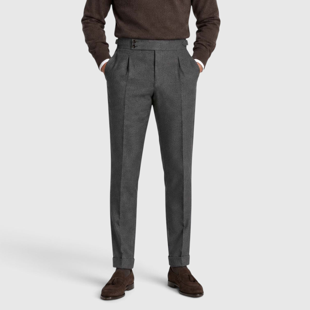 Monvaline | Men’s High Rise Flannel Wool Trousers - Semi-Slim Tailored Fit