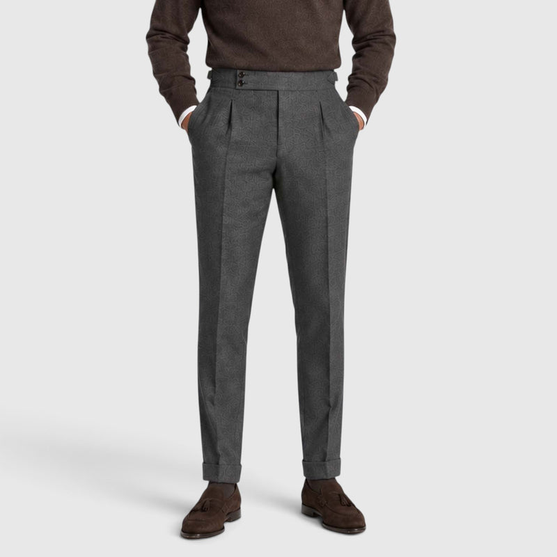 Monvaline | Men’s High Rise Flannel Wool Trousers - Semi-Slim Tailored Fit