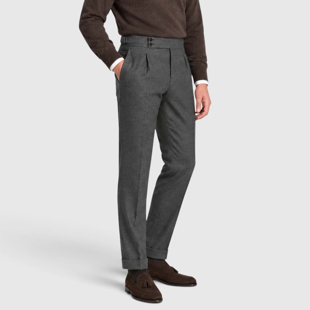 Monvaline | Men’s High Rise Flannel Wool Trousers - Semi-Slim Tailored Fit