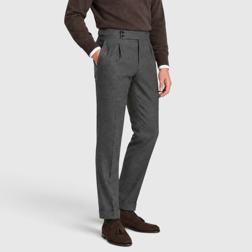 Monvaline | Men’s High Rise Flannel Wool Trousers - Semi-Slim Tailored Fit