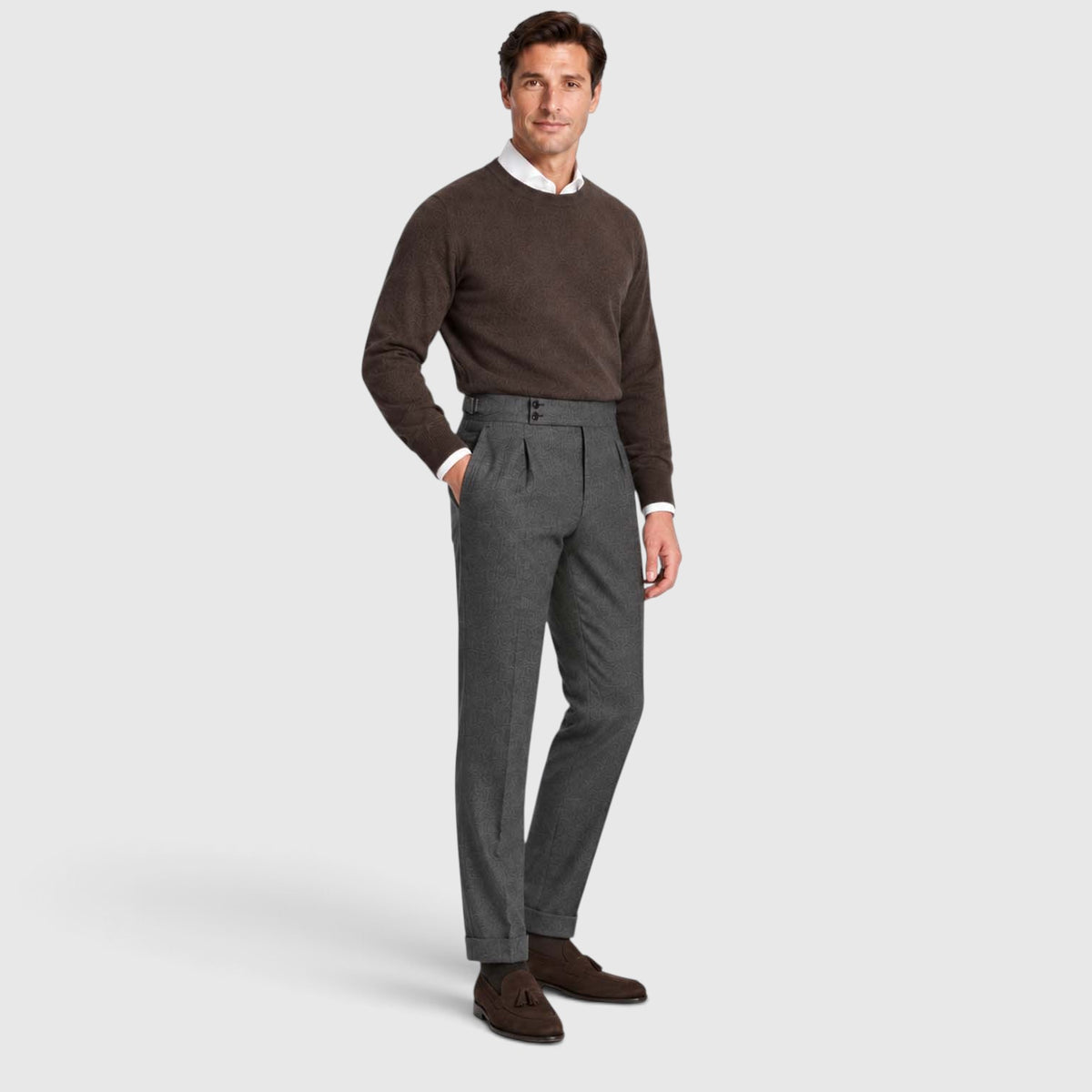 Monvaline | Men’s High Rise Flannel Wool Trousers - Semi-Slim Tailored Fit