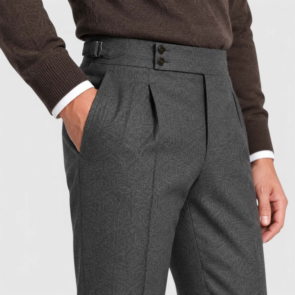 Monvaline | Men’s High Rise Flannel Wool Trousers - Semi-Slim Tailored Fit