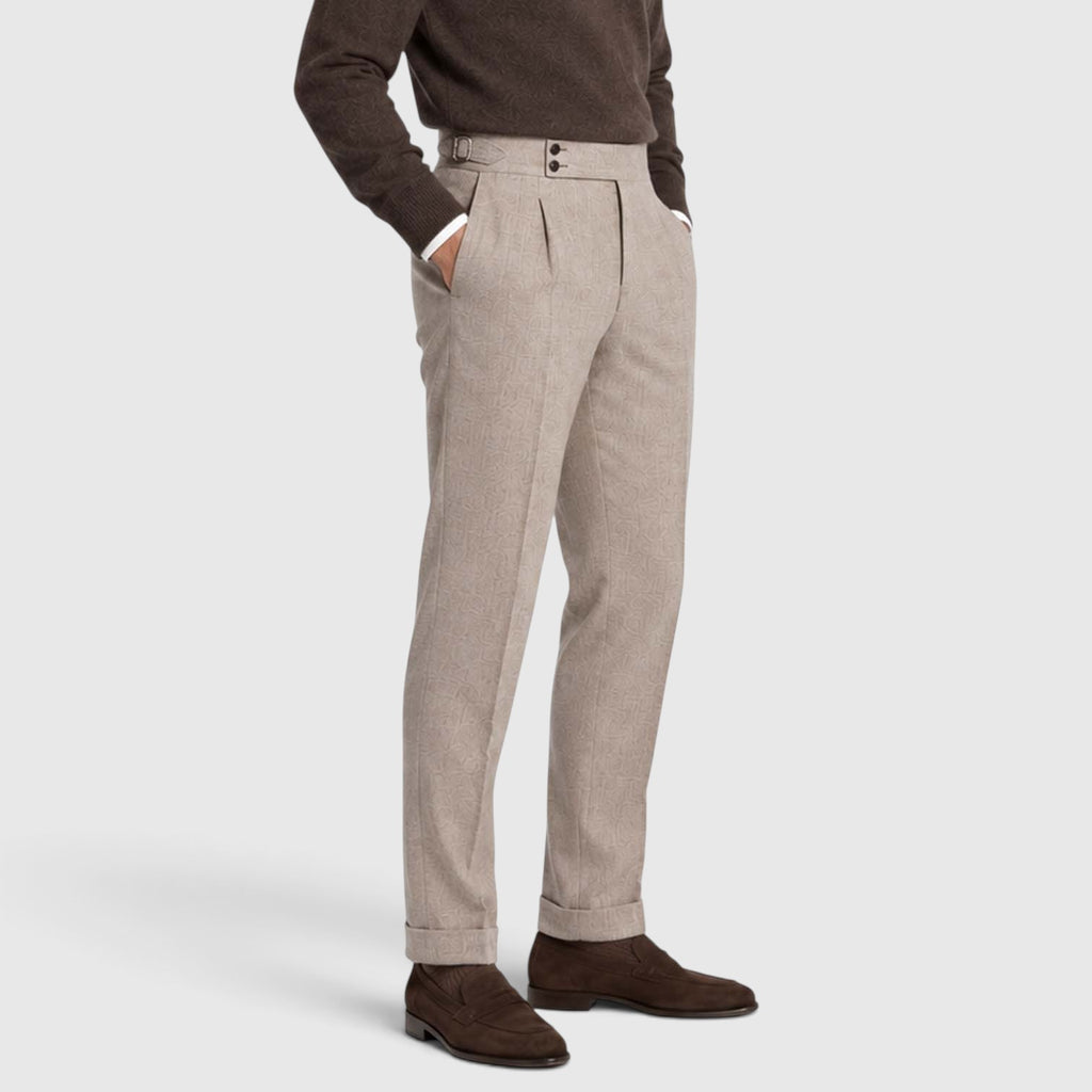 Monvaline | Men’s High Rise Flannel Wool Trousers - Semi-Slim Tailored Fit