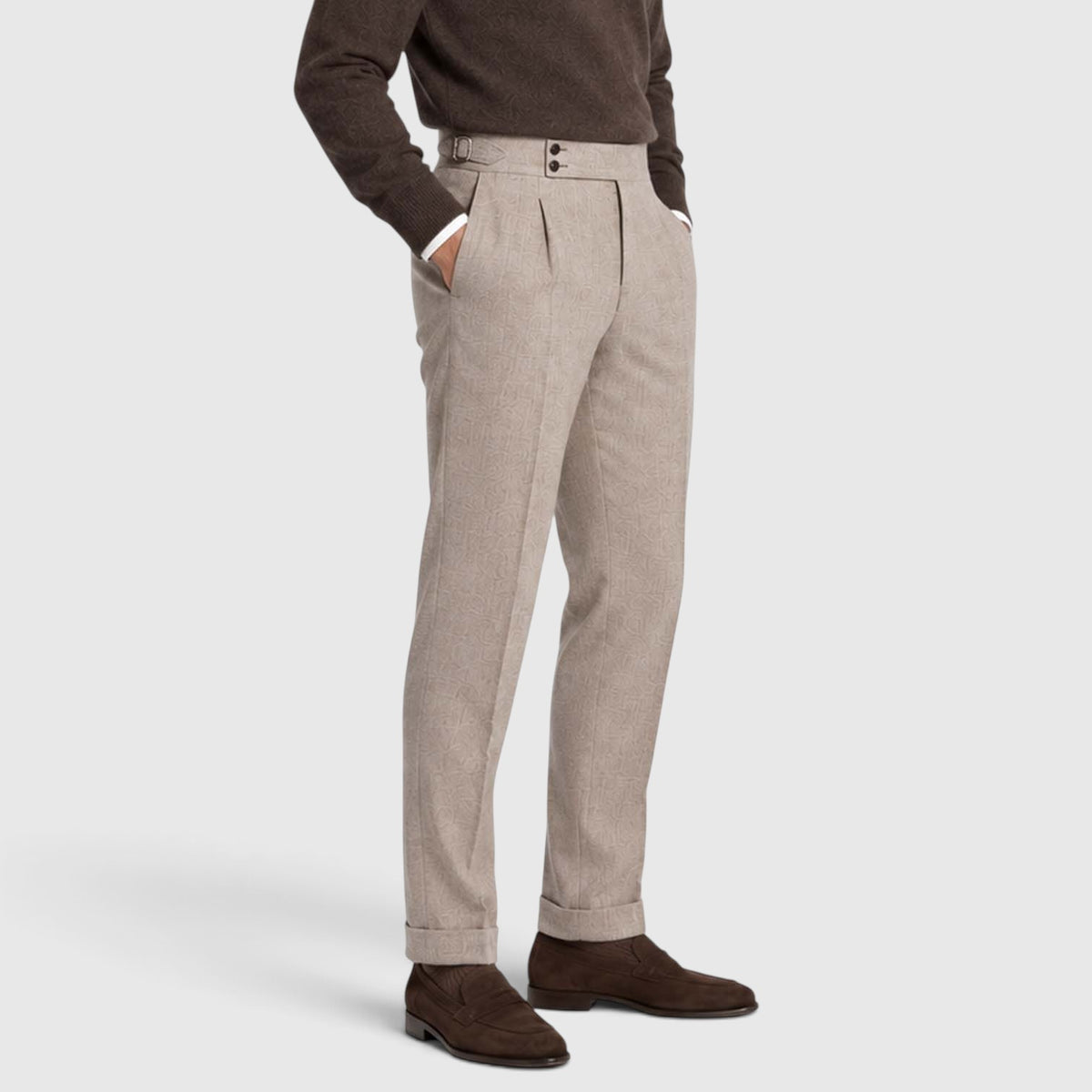 Monvaline | Men’s High Rise Flannel Wool Trousers - Semi-Slim Tailored Fit
