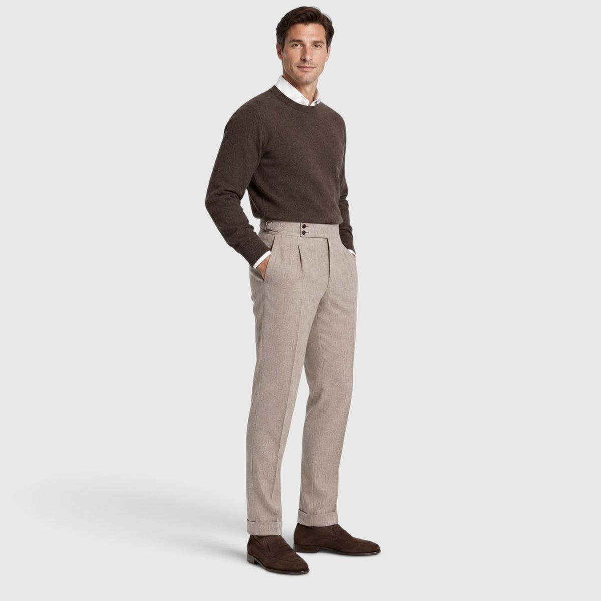 Monvaline | Men’s High Rise Flannel Wool Trousers - Semi-Slim Tailored Fit
