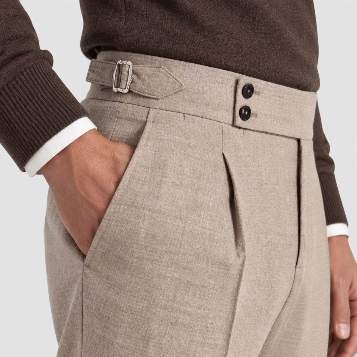 Monvaline | Men’s High Rise Flannel Wool Trousers - Semi-Slim Tailored Fit