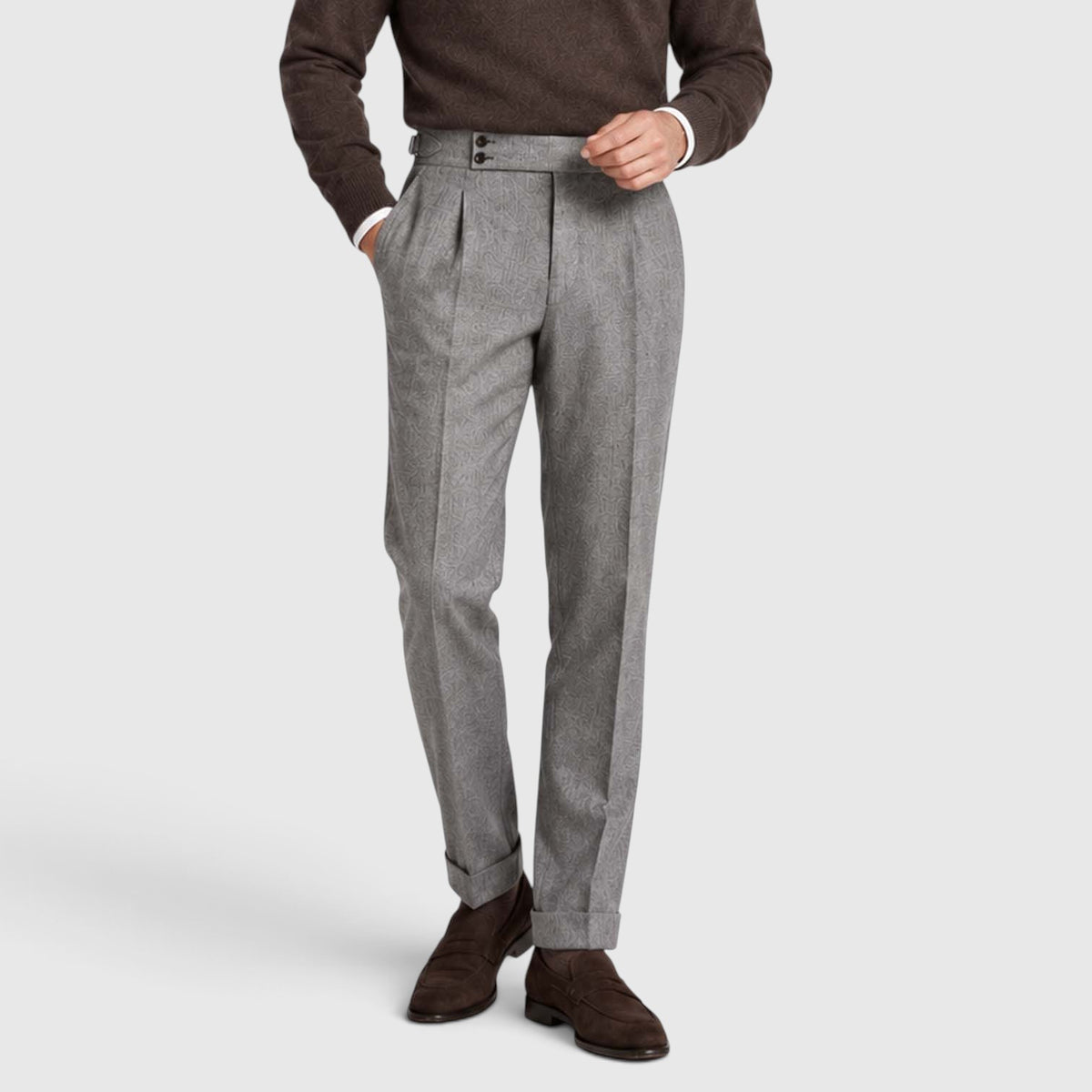 Monvaline | Men’s High Rise Flannel Wool Trousers - Semi-Slim Tailored Fit